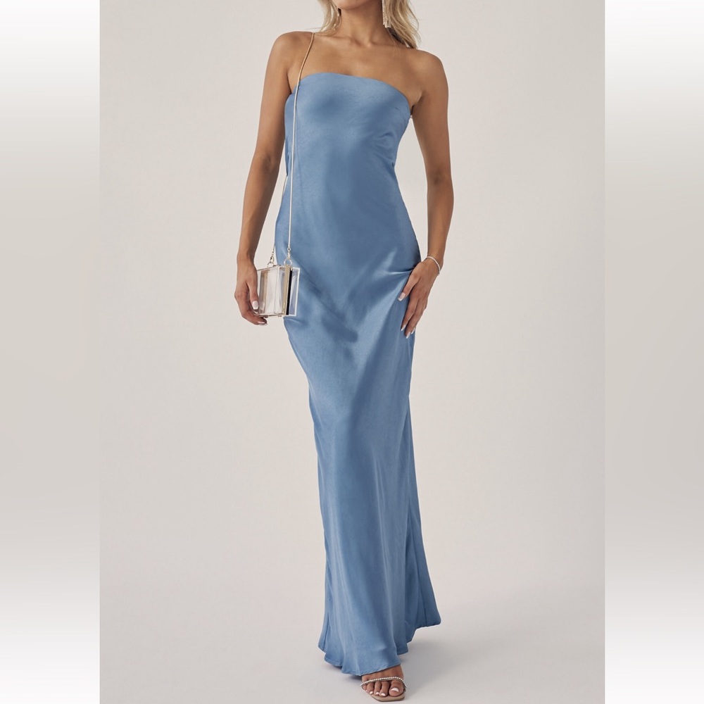 Strapless cowl back satin dress in steel blue